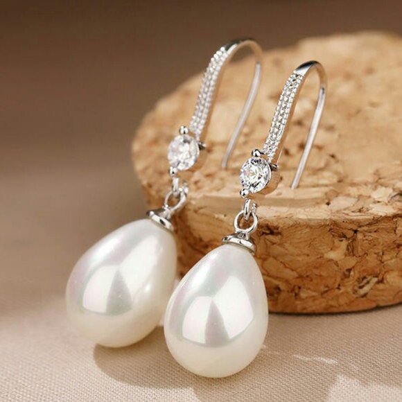 Jewelry - 925 Silver Plated Tear Drop Pearl Wedding Earrings, FB16FA1074